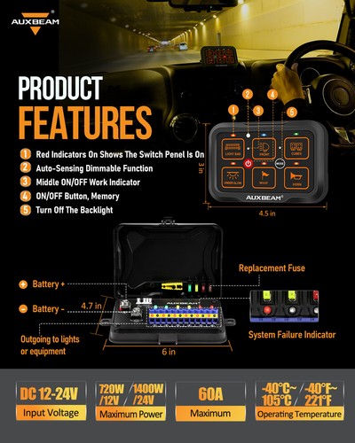 Auxbeam 6 Gang Switch Panel RGB Colorful For Truck SUV UTV ATV Marine RV 12V/24V - Picture 9 of 12