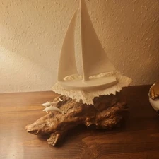 Vintage John Perry Statue Figurine Sailboat & Dolphins on Burl Wood Gf3