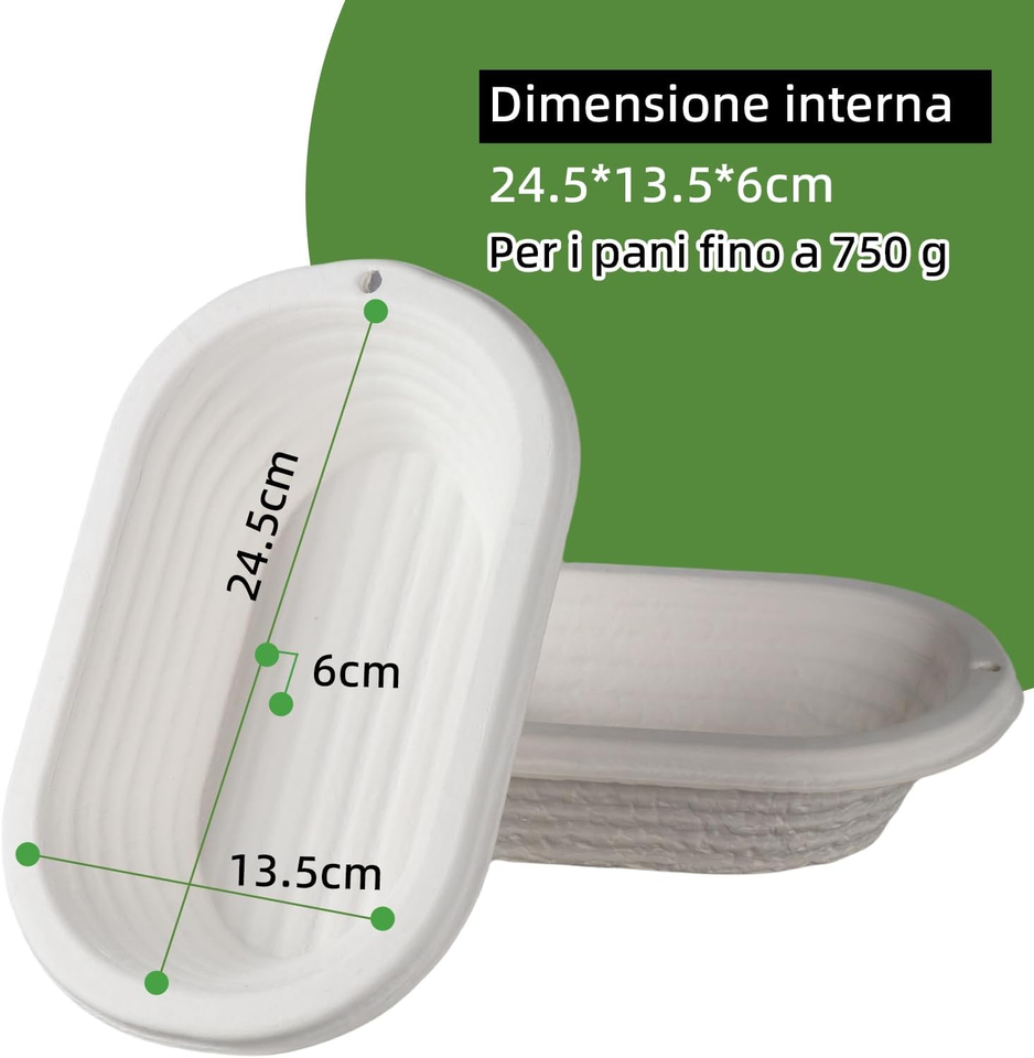 25 x 15 x 8 cm. Cestino di Lievitazione Ovale in Rattan naturale con Fodera. Pane e Pizza