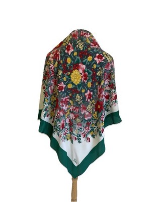 Vintage Chérie Floral Print Scarf Green Border Lightweight Accessory #A23