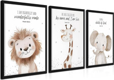 Framed Nursery Wall Art Set of 3, Kids Bible Verse Animal Canvas Wall Decor Pain