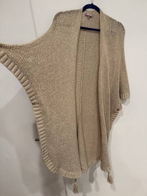 Calypso St Barth Knit Cardigan Boho Open Poncho Tassel Beige Cotton