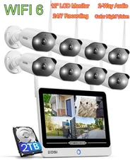 ZOSI NVR 2K Wi-Fi 6 Security IP Camera System 12" LCD Monitor Color Night Vision