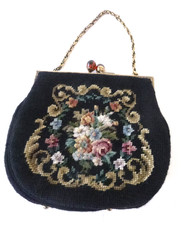 Vint. Floral Needlepoint Purse Handbag Inside Coin Bag Comb Mirror, Kiss Clasp