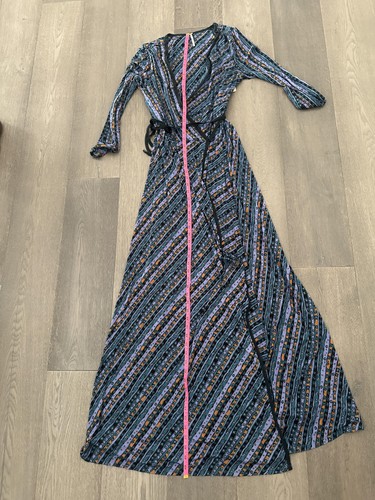 Free People Vestito Donna XL Blu Arancione Scuro Avvolgente Maxi Cintura Manica Lunga Boho - Foto 11 di 15