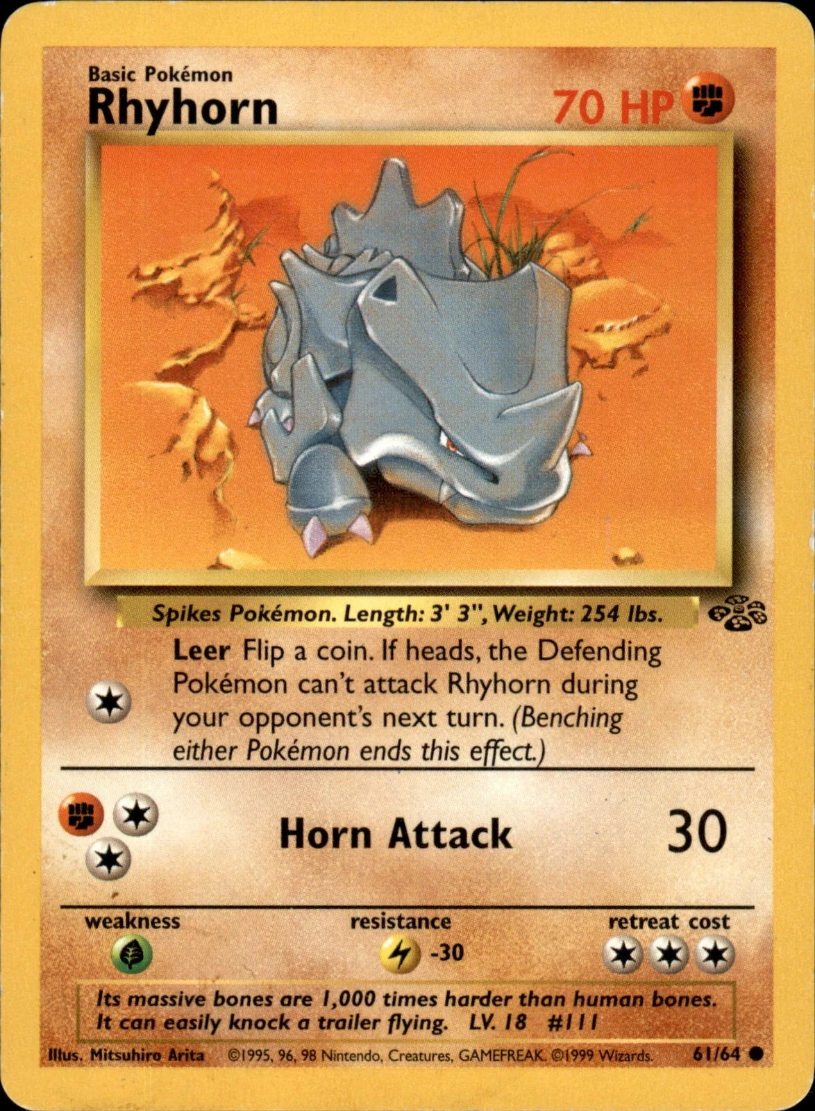 Rhyhorn NM Pokemon 61/64 Jungle Vintage 1999 Common Fighting Unlimited Regular