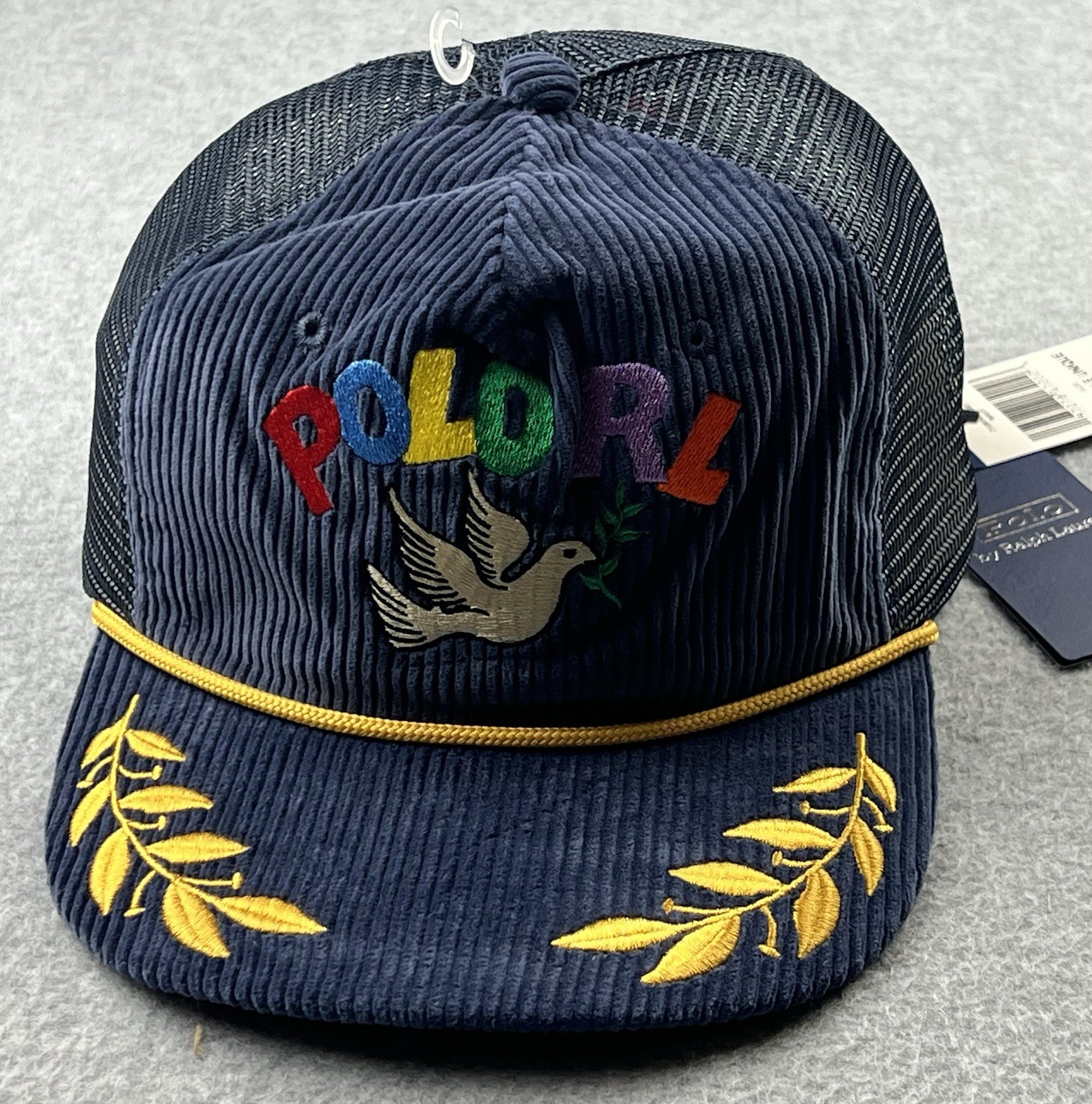 Polo Ralph Lauren Navy Corduroy Peace Love Dove Trucker Hat RL One Size Cap NWT