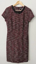 Karl Lagerfeld Size 8 Red Black Tweed Dress W Built In Necklace Knee Length