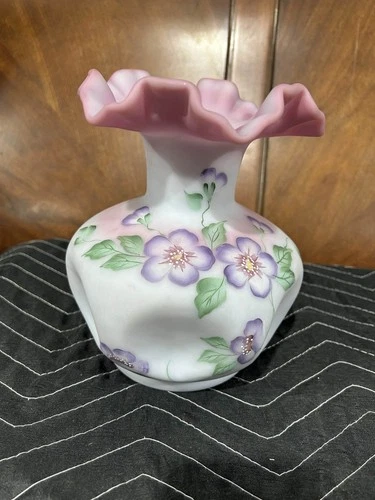 Fenton Large Crest Hand Painted Flowers Blue Burmese Glass Vase 1999 Collection