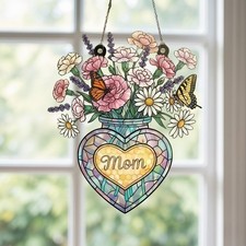 Mom Suncatcher with Vase of Flowers Window Hanging with Butterflies acrylic