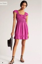 By Anthropologie Womens L Mini Dress Linen Raspberry Smocked Tiered Boho Hippie
