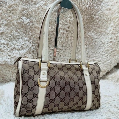 Gucci GG Canvas Double Handle Bag Brown White Gold Hardware Cylinder Satchel Bag