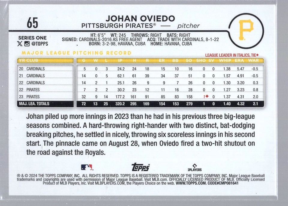 * 2024 Topps - Holiday #065 - JOHAN OVIEDO - Image 2 of 2