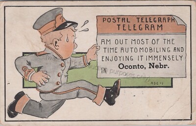 Oconto, NE: Comic Cartoon Telegram Delivery Man vintage Nebraska humor Postcard