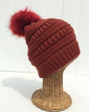 Winter Warm Soft Knit w/ Faux fur Pom Stretchy Ski Beanie hat Color Rust Red  H