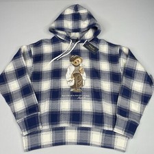 Polo Ralph Lauren Women's Medium Polo Bear Plaid Blue/White Hoodie Sweatshirt