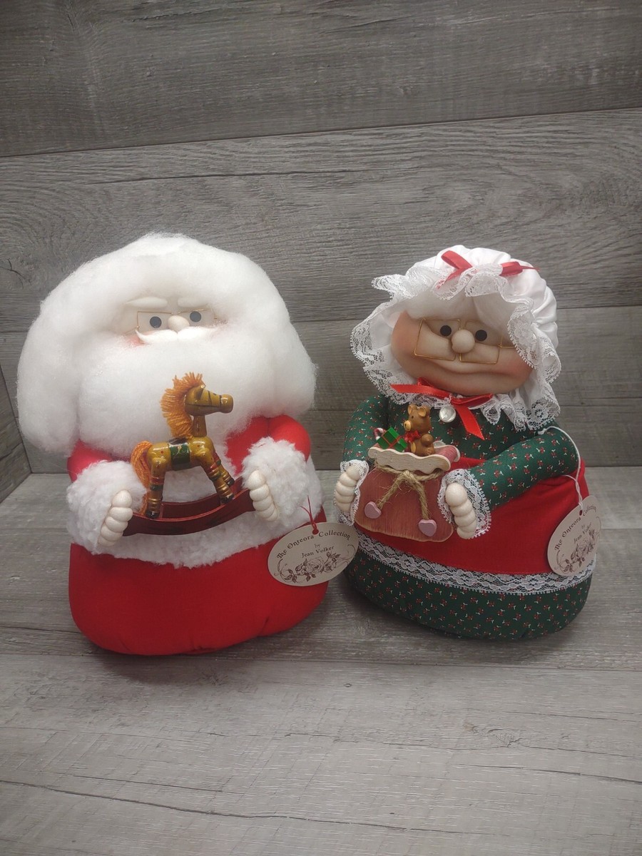 Vtg Christmas mr/mrs Claus Plush Primitive Folk Art Signed Jean