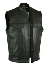 MEN'S BIKER MOTORCYCLE LEATHER VEST WITH  GUN 2 CHEST POCKETS SINGLE BACK PANEL 