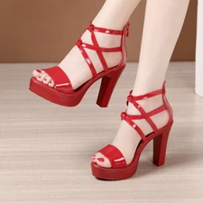 Women Peep Toe Fashion Sandals Ladies Chunky Block High Heels Ankle Zipper Shoes