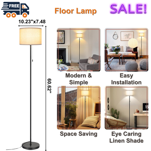 LED Floor Lamp for Living Room w/ Fabric Lamp Shade 60" For Office, Reading - Picture 11 of 11