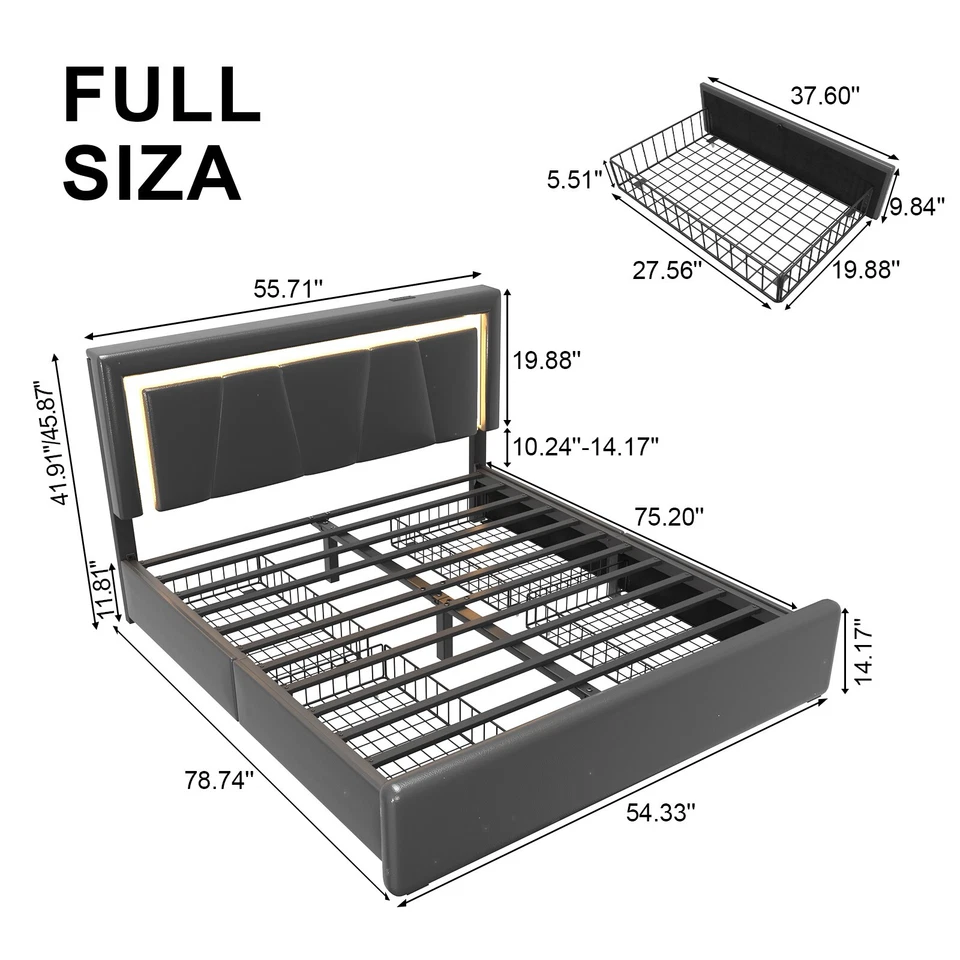 Armação de cama queen size completa com 4 gavetas de armazenamento e estação de carregamento e luzes LED - Imagem 2 de 4