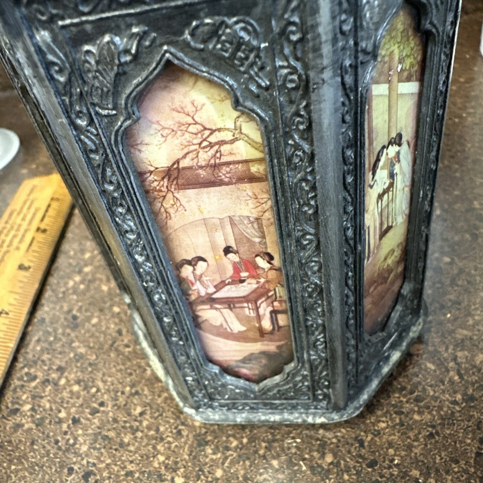 19th C. Chinese Pewter Tea Caddy Flask 7 Panel Reverse Glass Shantou 7” HTF - Image 4 of 4