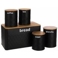 5pc Black Bread Bin Canister Set Kitchen Loaf Storage Box + Airtight Bamboo Lid