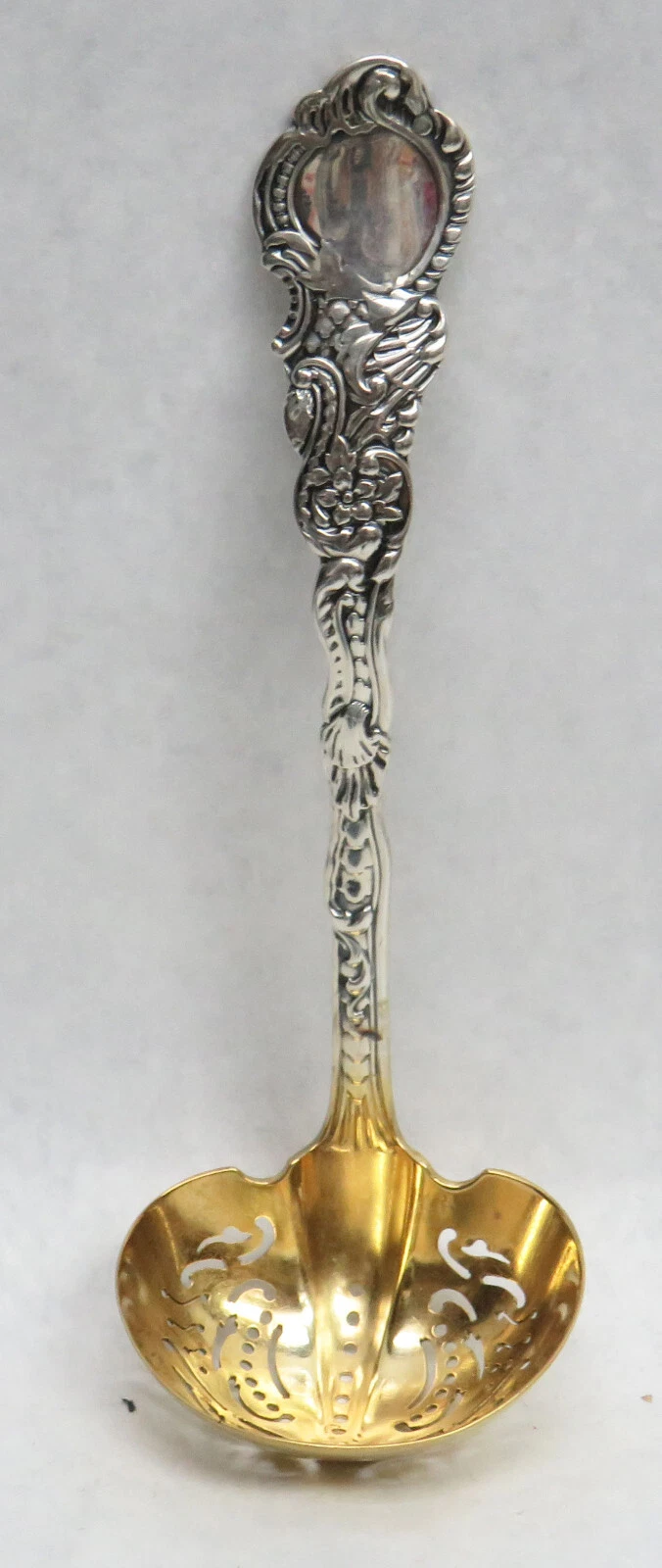 GORHAM STERLING SILVER GOLD WASH UNKNOWN PATTERN 5 1/2" PIERCED SAUCE LADLE