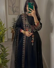 Black Anarkali Dress with Embroidered Jacket, Traditional Floral Border Design