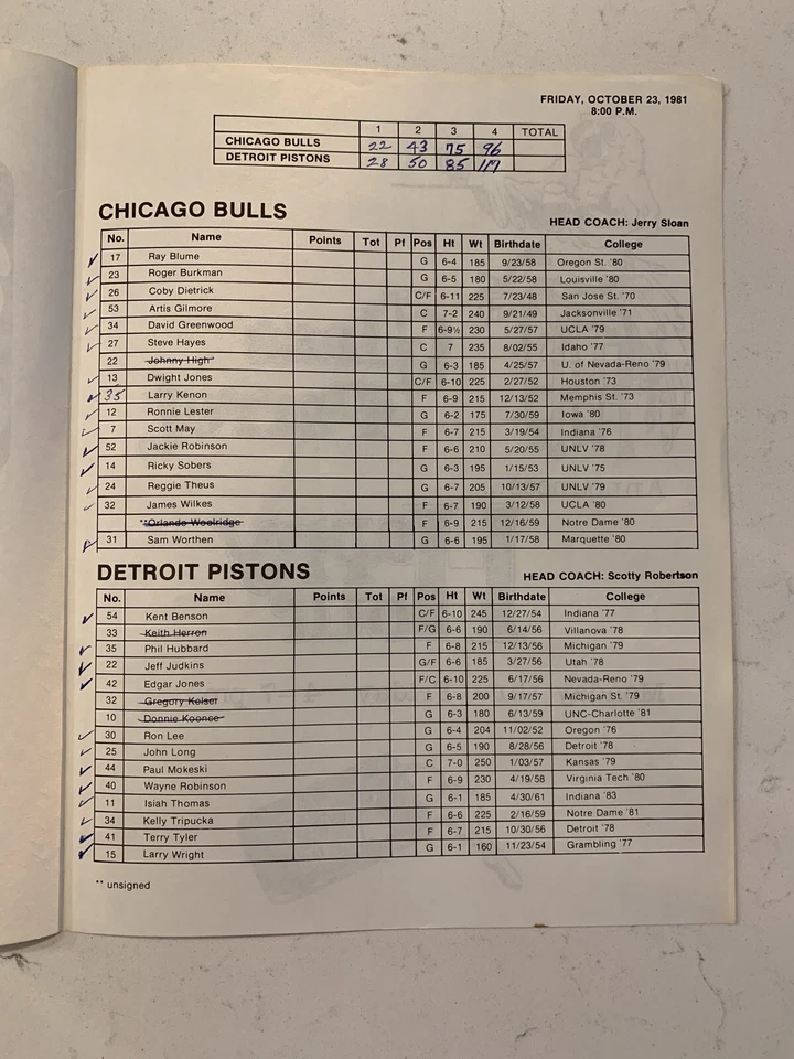 23 de octubre de 1981 Chicago Bulls Vs. Detroit Pistons Baloncesto Score Sheet (B135) Foto 3 de 3