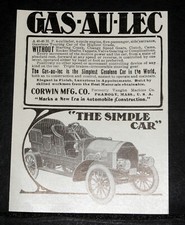 ANUNCIO IMPRESO REVISTA ANTIGUA 1905, CORWIN MFG, AUTOMÓVIL GAS-AU-LEC, ¡EL AUTO SIMPLE!