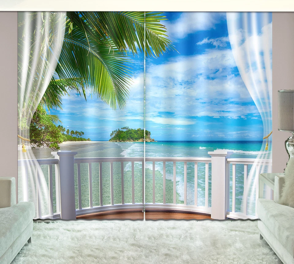 Cortinas de ventana de impresión de tela con estampado 3D de palmeras de playa tropical Foto 3 de 4