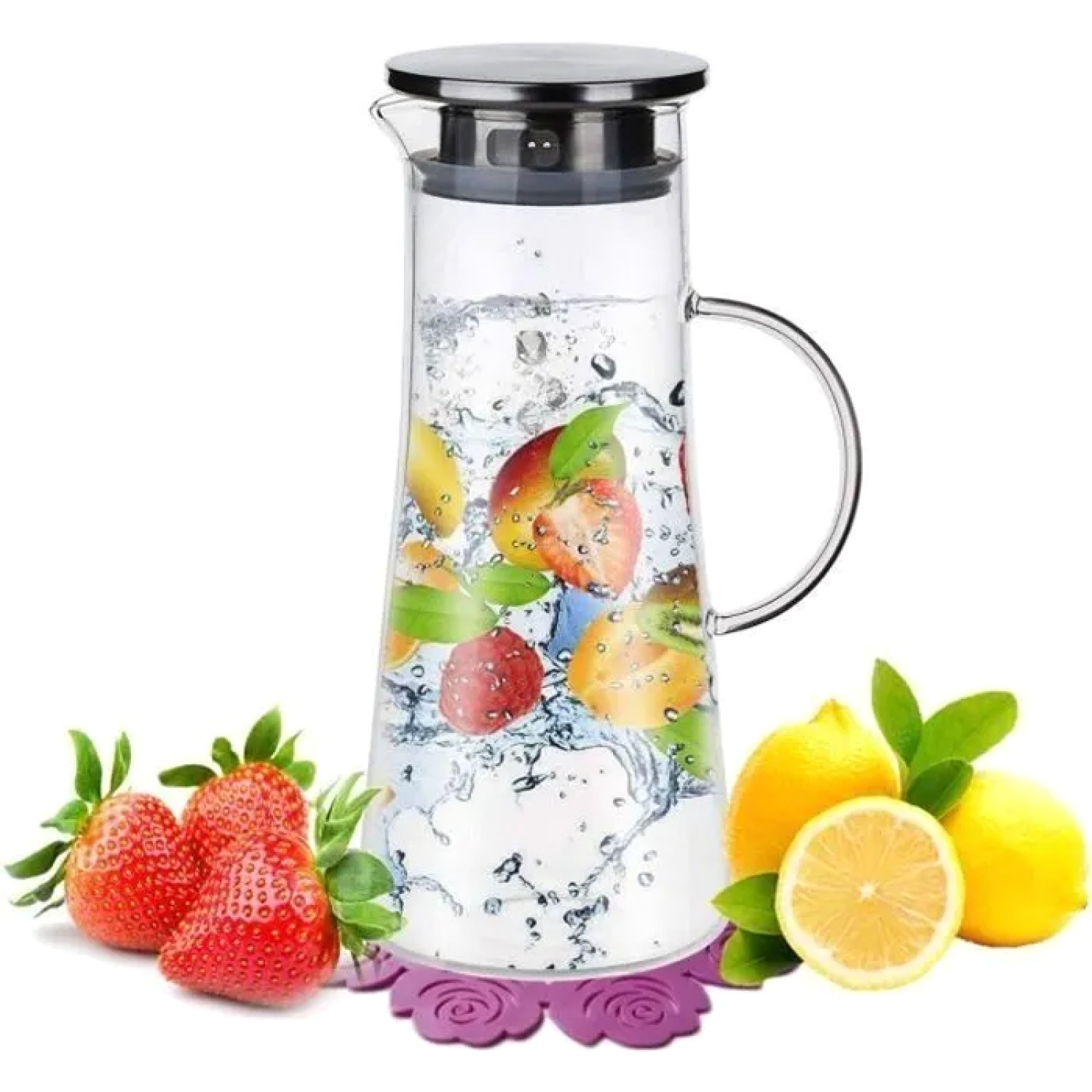 Carafe en verre borosilicate 1,5L avec couvercle en acier inoxydable pour eau et jus