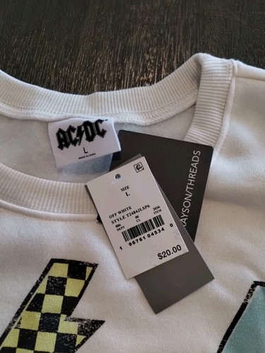 AC DC Cropped Long Sleeve Pullover Sweatshirt, Cream White Size Large - Picture 3 of 8