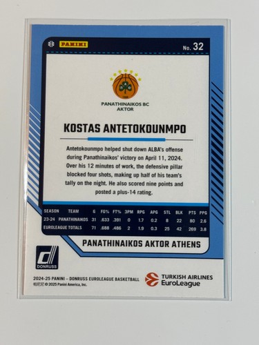 2024-25 Donruss Euroleague Press Proof Silver #32 Kostas Antetokounmpo - Picture 2 of 2