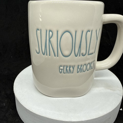 #ad Rae Dunn Suriously Gerry Brooks Ceramic Coffee Mug White w Blue Interior $21.99