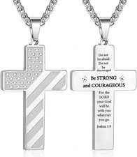 American Flag Cross Necklace For Men Bible Verse Strong1