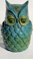 Vintage Takahashi Green-Blue Owl Ceramic Coin Bank Made in Japan 6" Tall