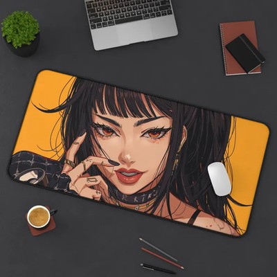 Cute Lofi Anime Girl Deskmat | Waifu Mouse Pad | Blue Travel Mousepad Neoprene