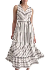 DKNY Women's Striped Linen-Blend VNeck Sleeveless Tie Waist Midi Dress Sz 6 $134