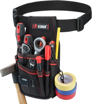 KUNN Electrician Tool Pouch with Belt Clip - 7-Pocket Lightweight Black-Red