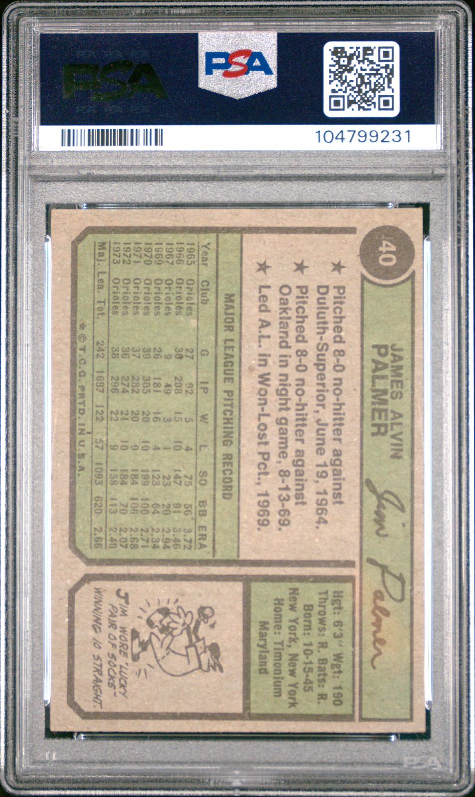 1974 Topps Jim Palmer #40 Topps Baltimore Orioles PSA 6 Vintage Baseball Card view 2