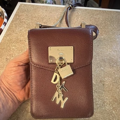 DKNY Brown Pebbled Shoulder Bag with Gold Chain Strap & Bag Charm magnet clasp  