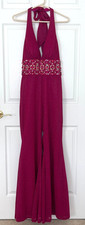 Mac Duggal Fuchsia Halter Jumpsuit Embellished Beaded Waist Wide Leg Sz 6