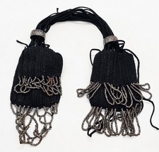 Antique Black Crochet Silver Metal Banded Bead Fringe Miser Purse