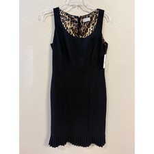 Tahari Arthur S Levine Sheath Dress Women 4 Black New Pleated Hem Leopard Lining