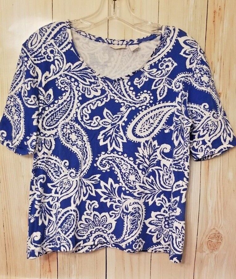Chico's Paisley Blue V-Neck Short Sleeve Top Size 1 Medium