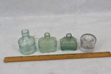 antique ink bottle lot round, cottage, desk 4 sheared tops light aqua original 