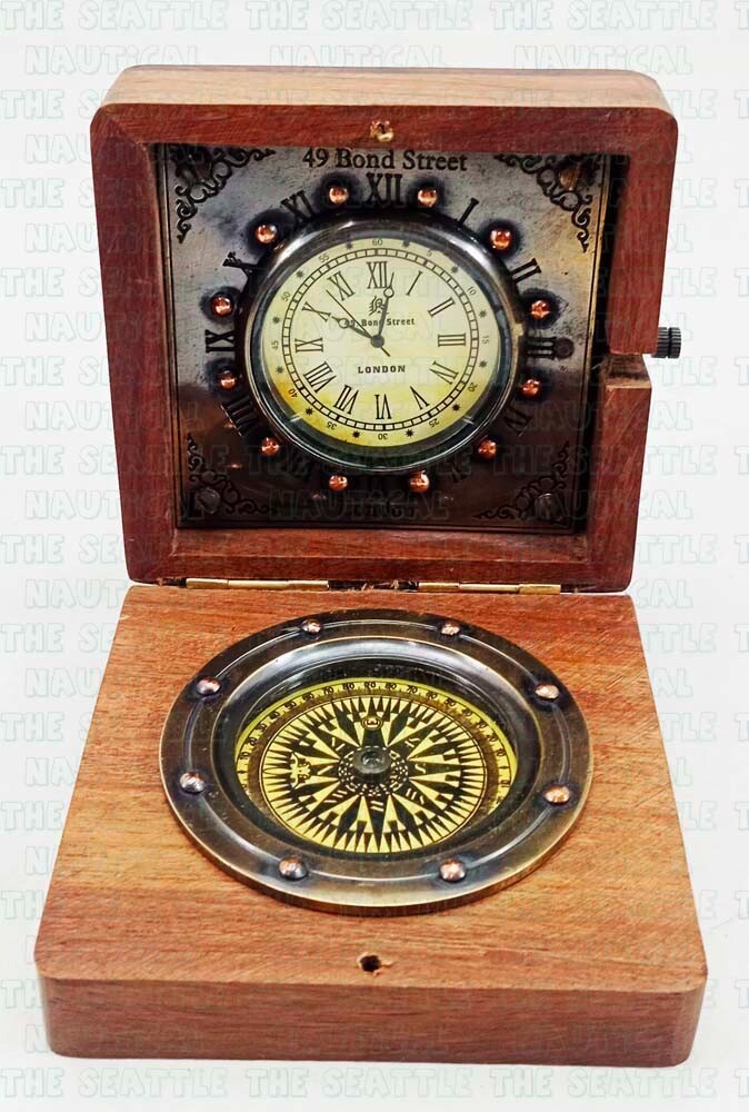 Antique Brass Gimbal W/ Clock Nautical Ship Boat Binnacle Compass In