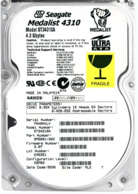 FESTPLATTE SEAGATE MEDALIST 4310 4.3GB 5400U/min PATA IDE ATA ST34310A 3.5'' Zoll
